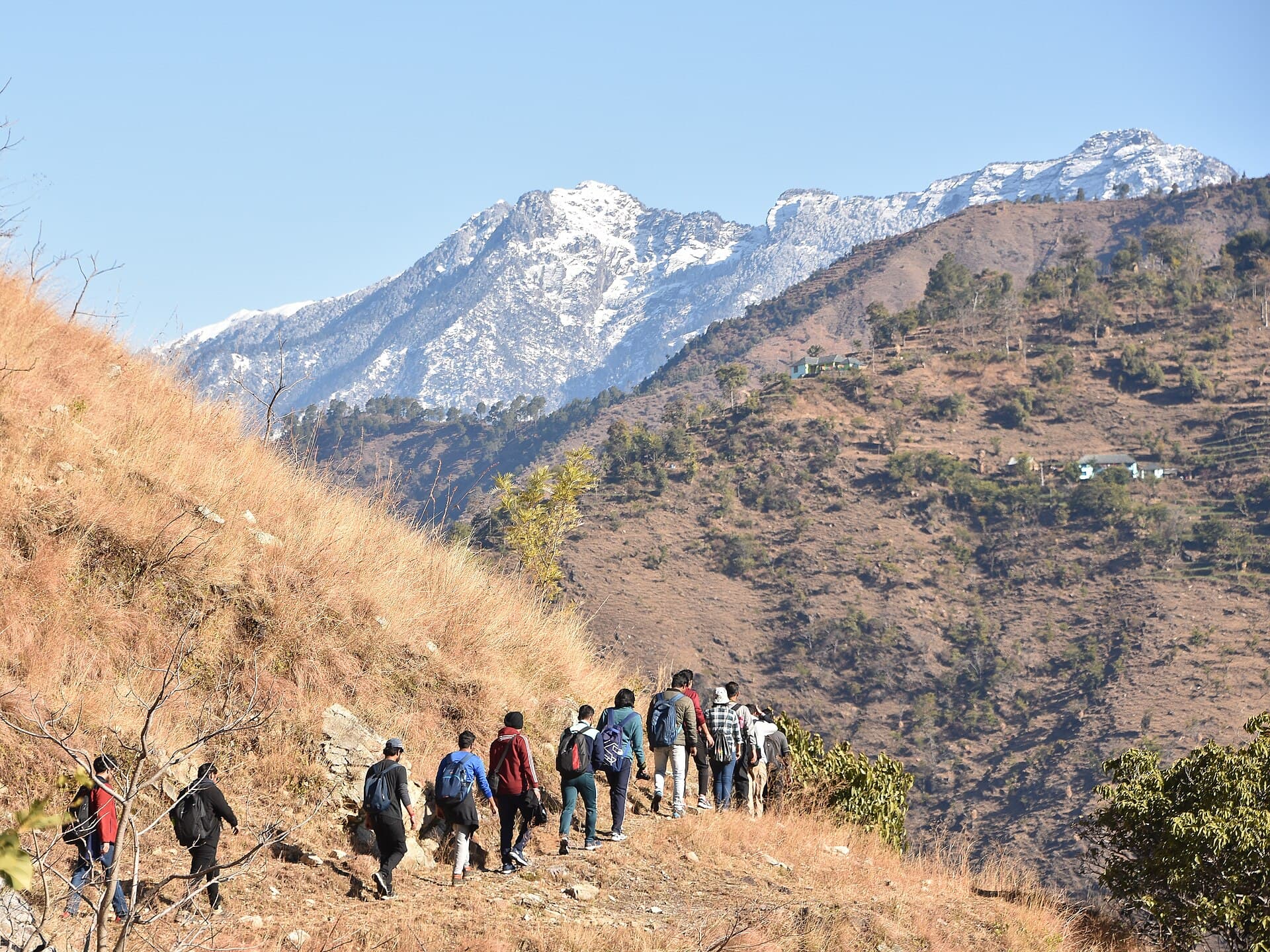 Hikers climbing toward a Himachal ridge