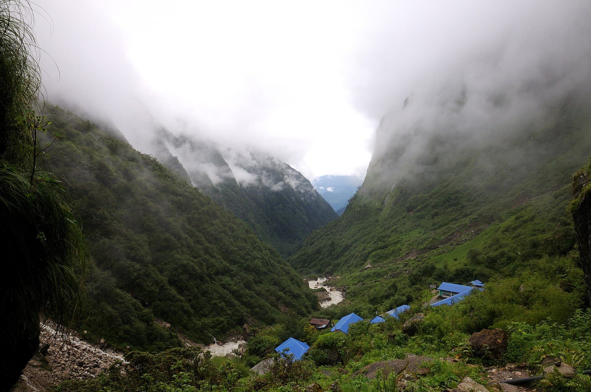 Blue-roofed teahouse lodges at Deurali in a narrow, mist-covered valley on the Annapurna Base Camp trek