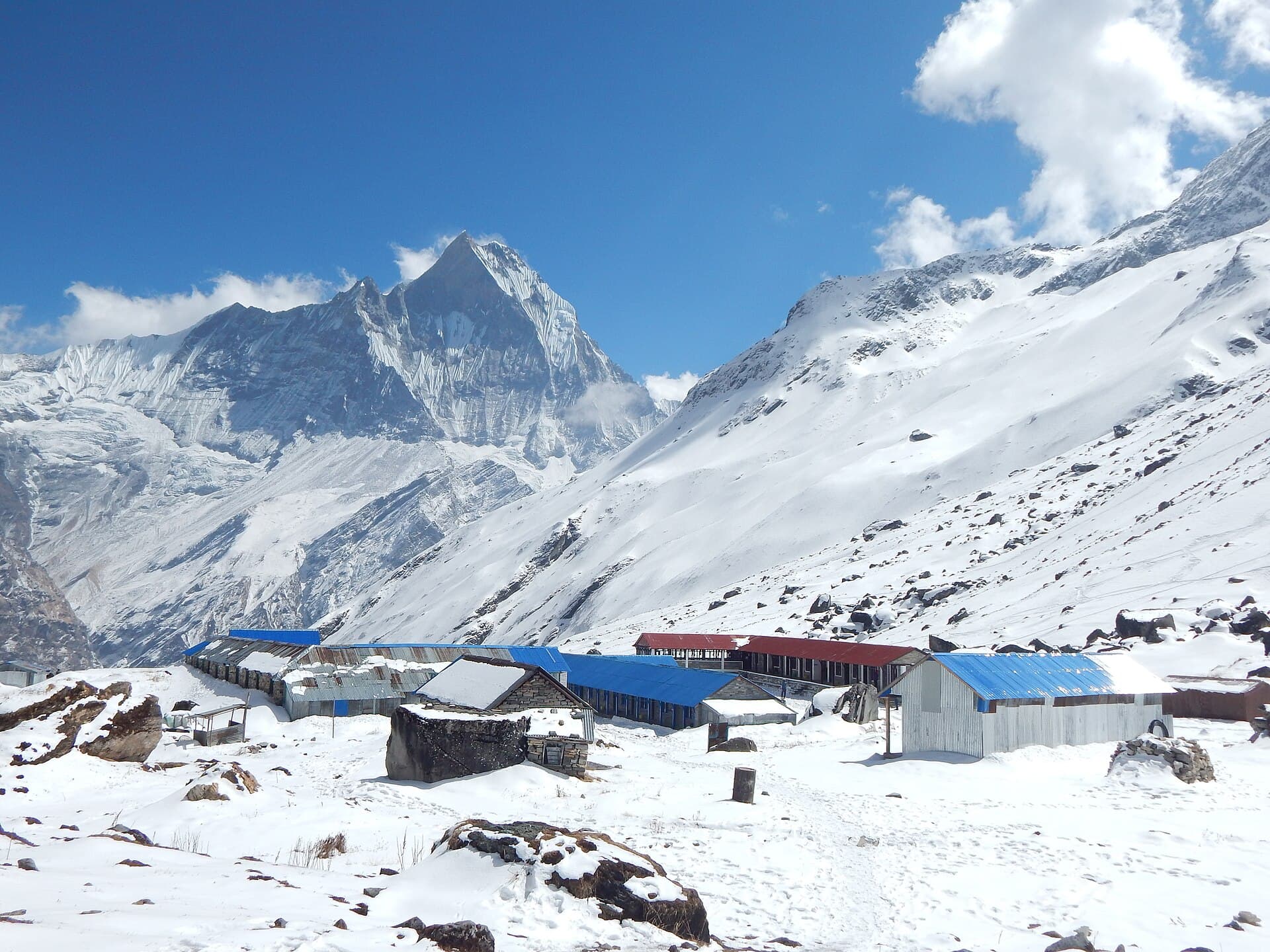 Annapurna Base Camp at 4,130m with Machapuchare's fishtail peak rising behind the lodges