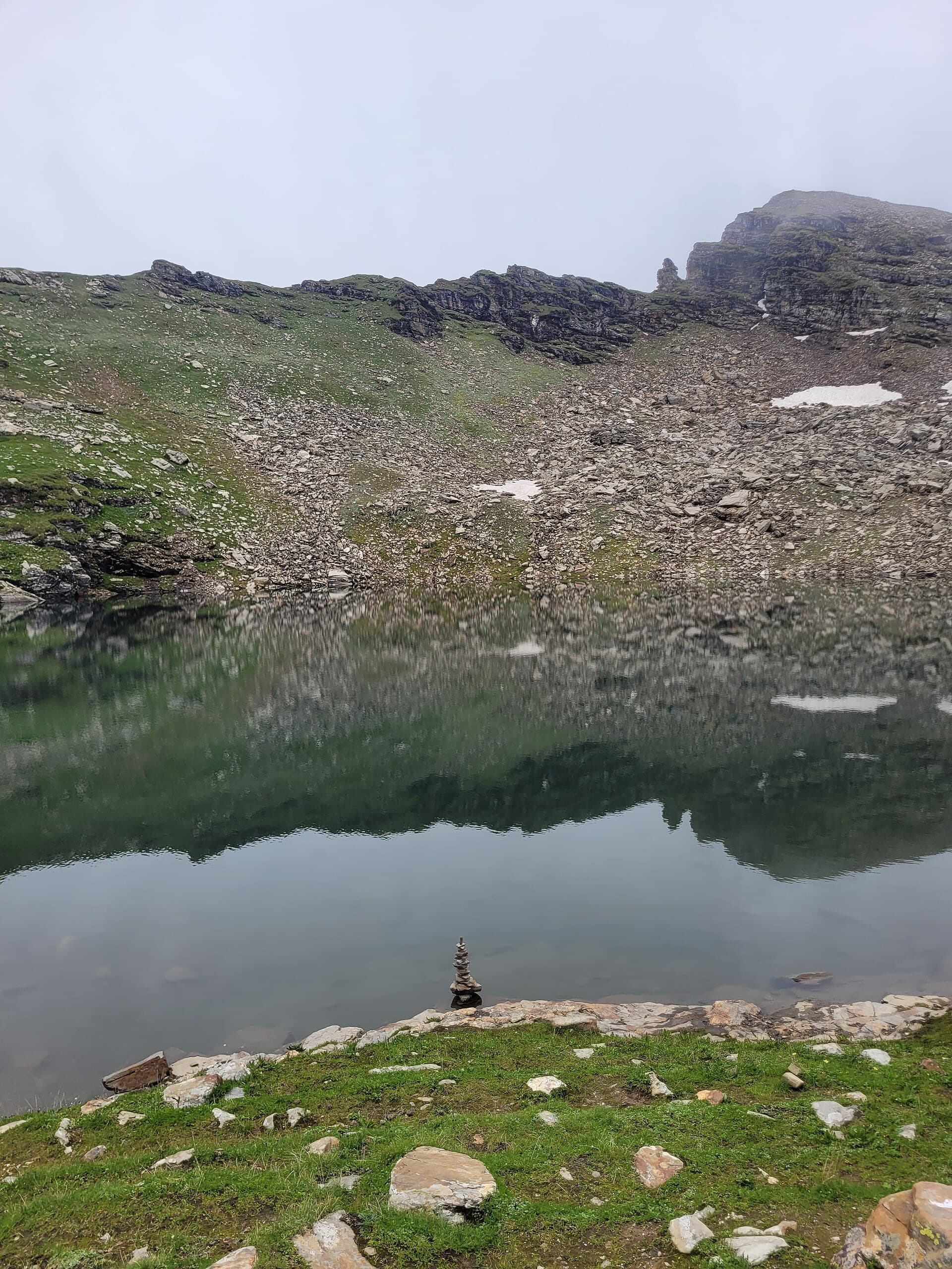 Bhrigu Lake surrounded by high alpine meadows in Himachal Pradesh