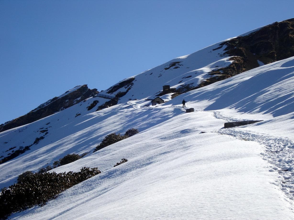 Trekking trail climbing through meadow toward Tungnath