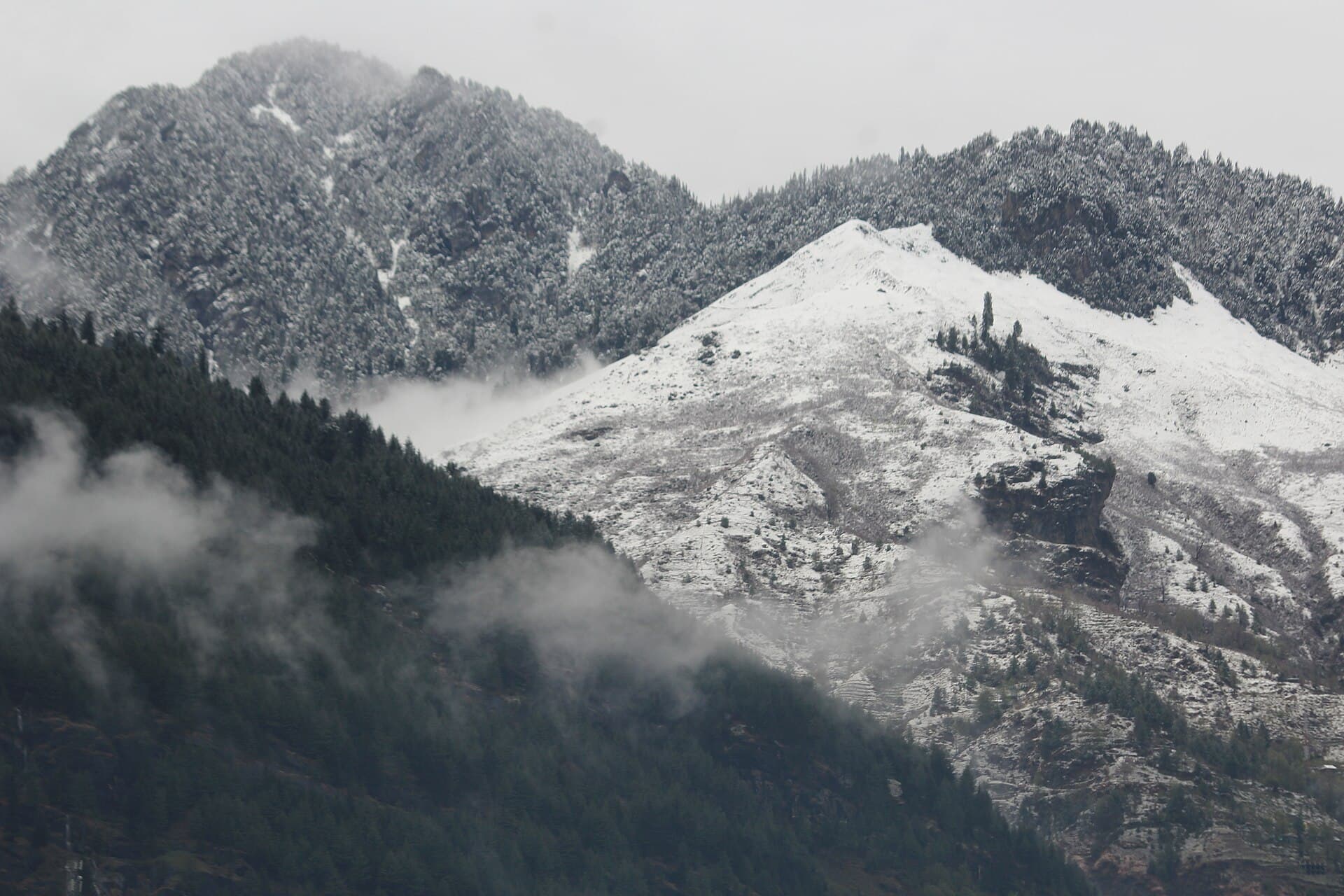Snow-capped Pir Panjal peaks seen from near Solang Valley, the approach route to Friendship Peak