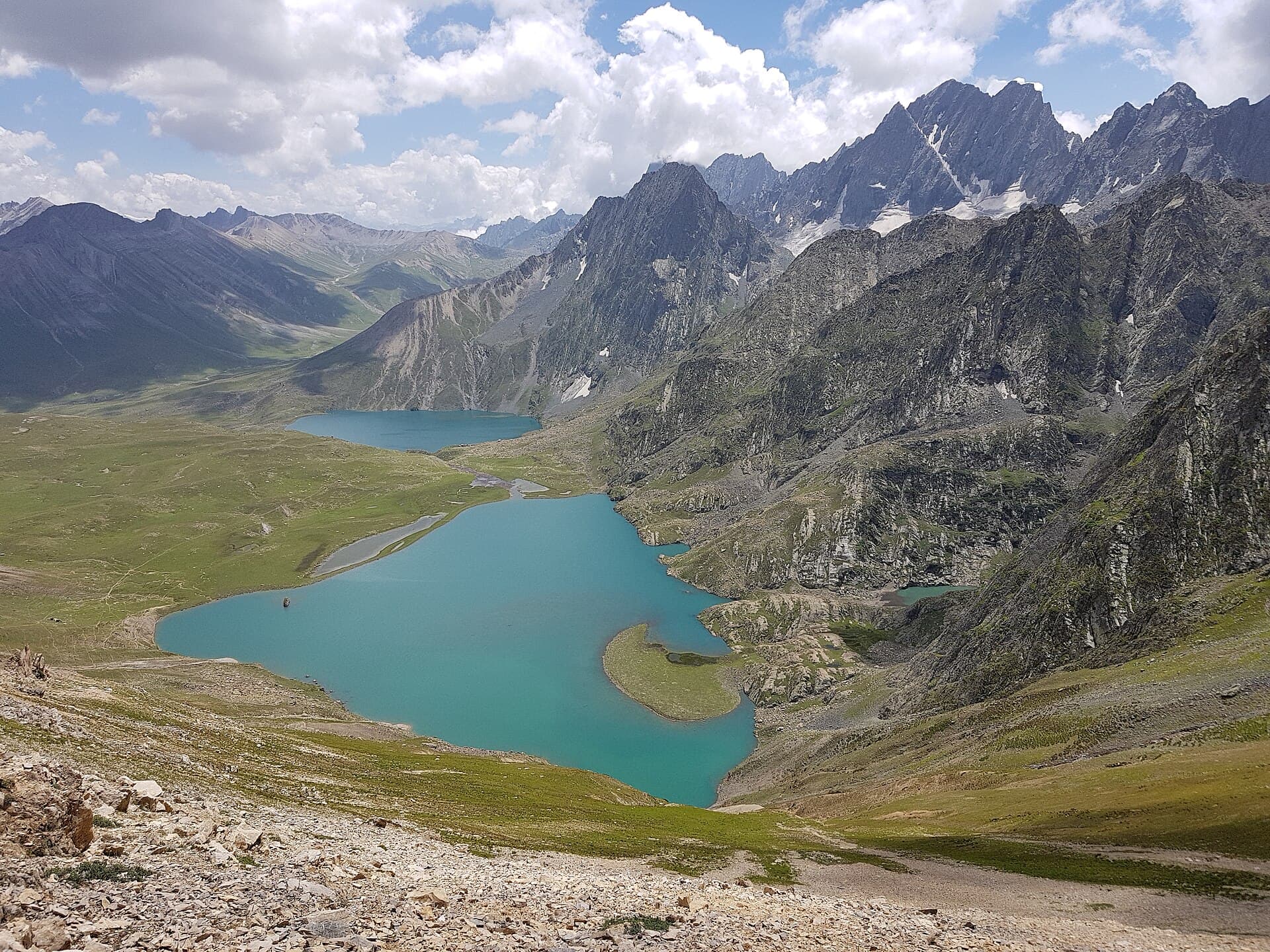 Vishansar and Krishansar twin lakes seen together near Sonamarg, Kashmir