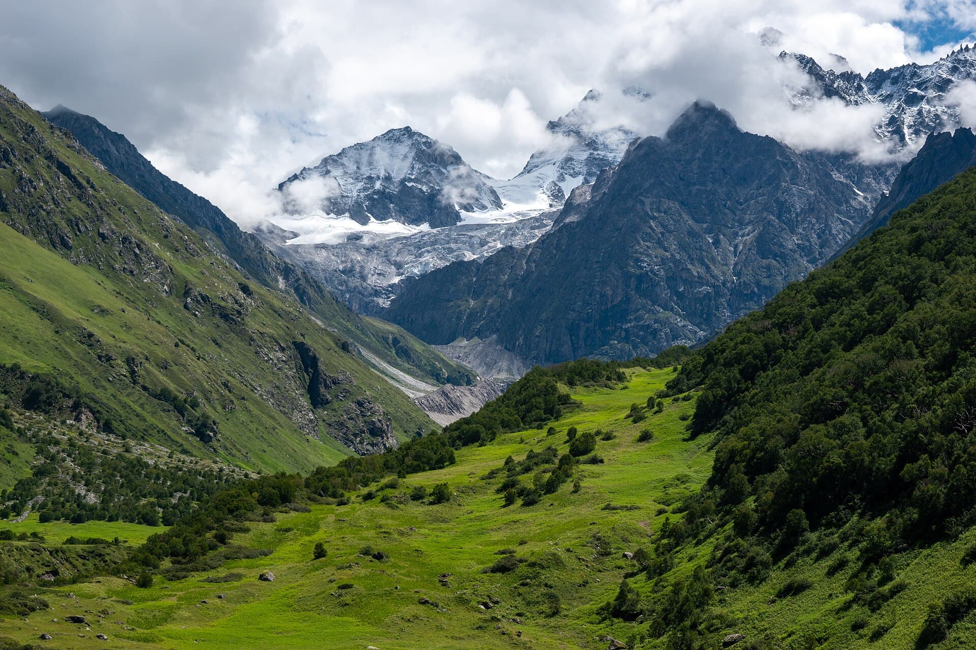 Wide view across Valley of Flowers National Park, Uttarakhand
